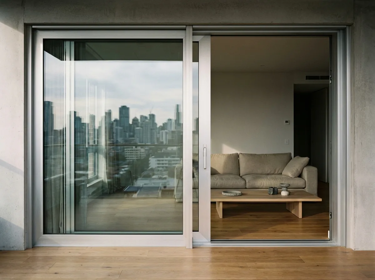 Puerta corrediza en vidrio y aluminio hacia balcón con vista a la ciudad