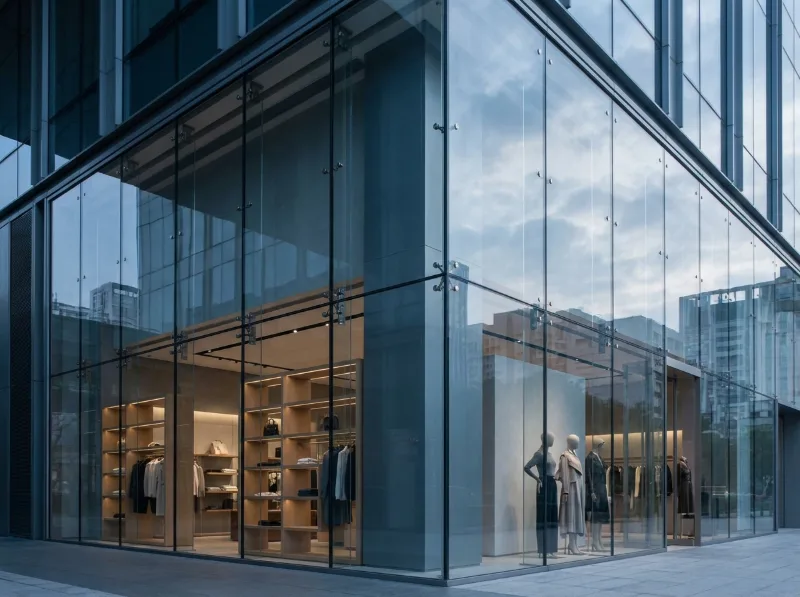 Local comercial de ropa con fachada de vidrio en esquina