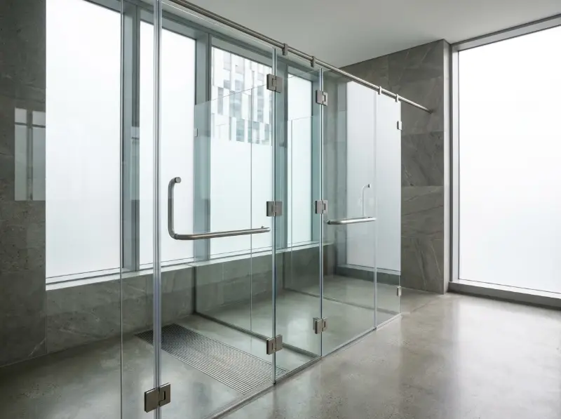 Cabina de ducha en vidrio templado con puerta y manija de acero