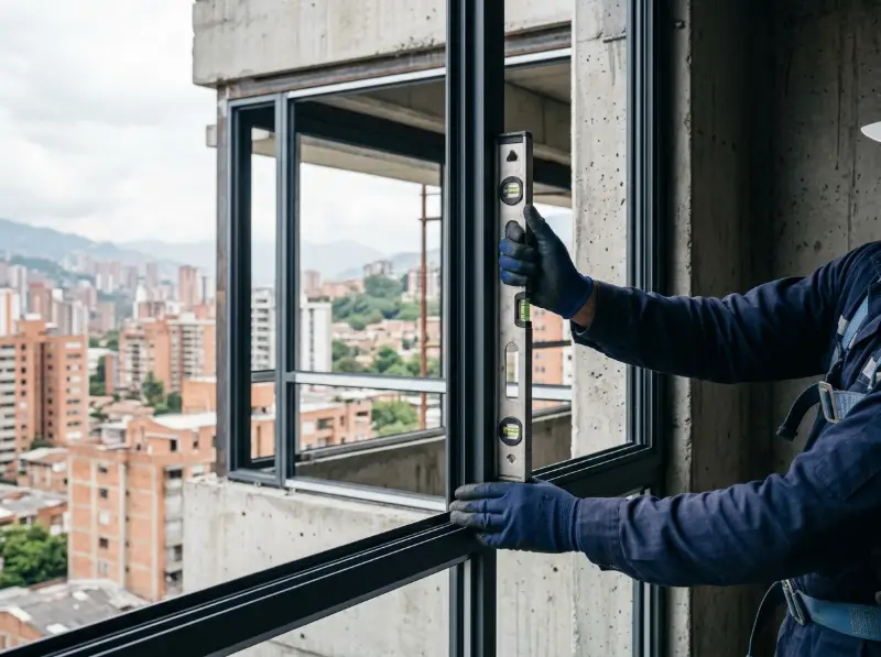 Técnico nivelando una ventana de aluminio en edificio